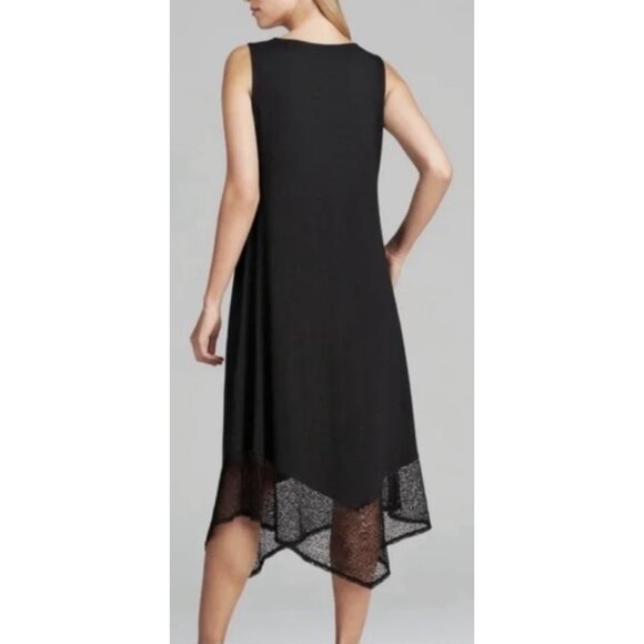 EILEEN FISHER Midi Stretch Jersey Tank Dress Lace Hem in Black Lagenlook Minimal - Picture 2 of 12
